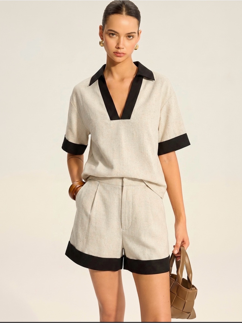 Commense Cream Cotten Linen Top & Shorts Set with Black Trim -